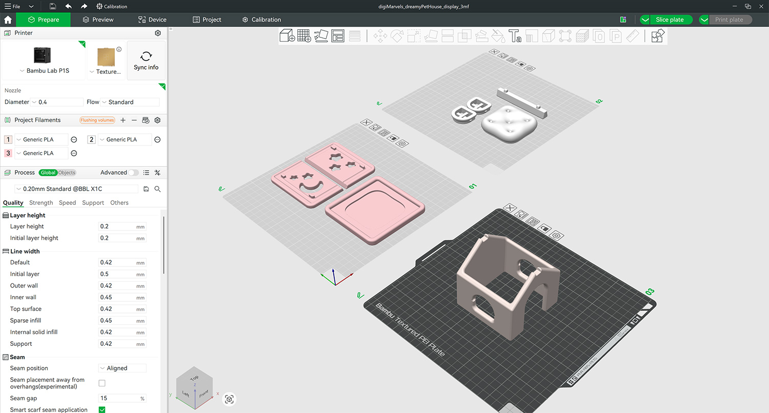 3MF layout preview — Dreamy Pet House colour presets arranged in slicer