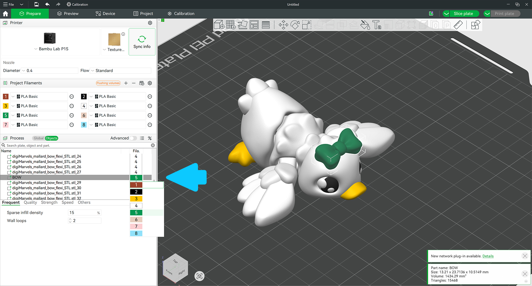 Duck 3MF object list in slicer — Object Mode view