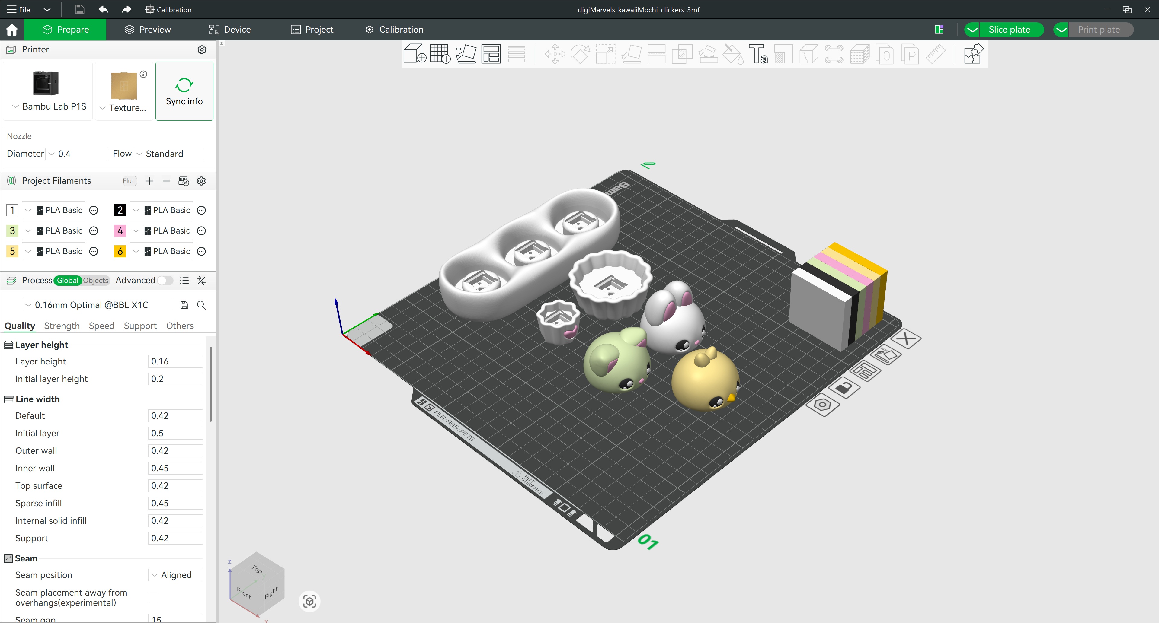 3MF layout preview — Kawaii Mochi Clicker parts arranged in slicer