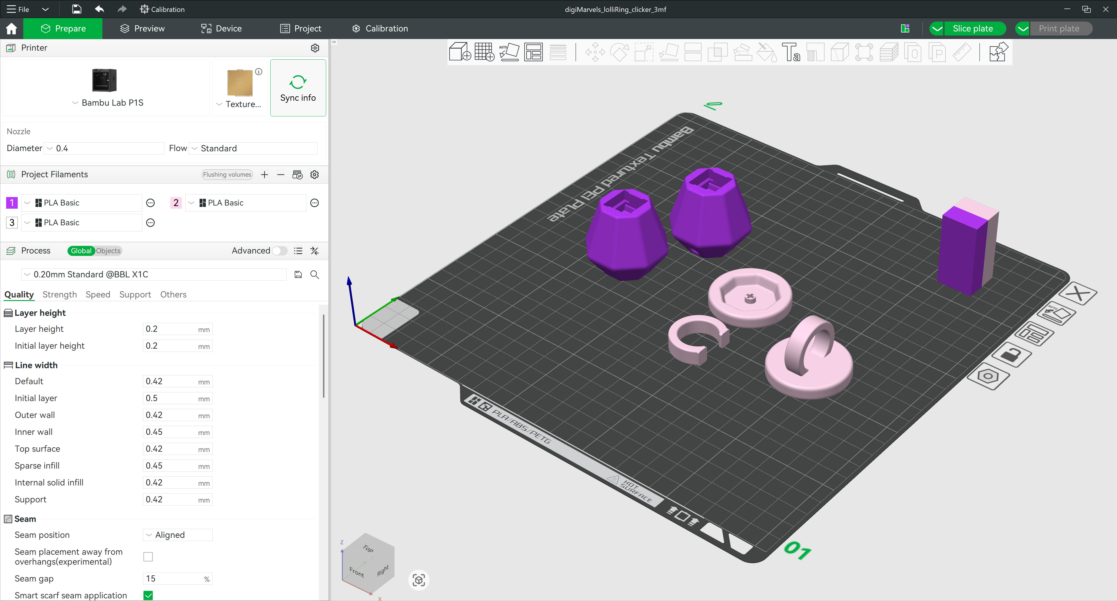 3MF layout preview — Lolli Ring Clicker parts arranged in slicer