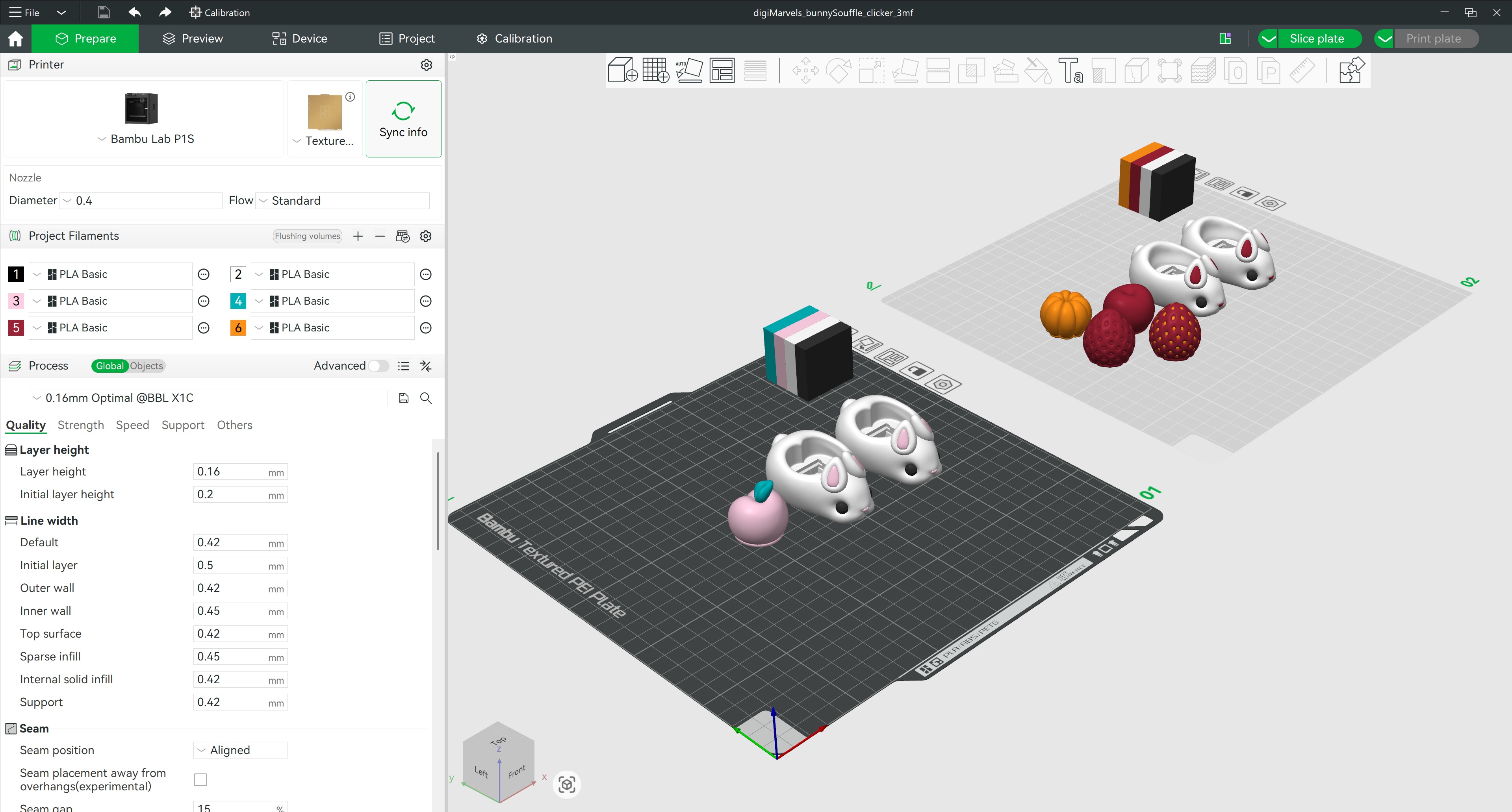 3MF layout preview — Bunny Wagashi Clicker parts arranged in slicer