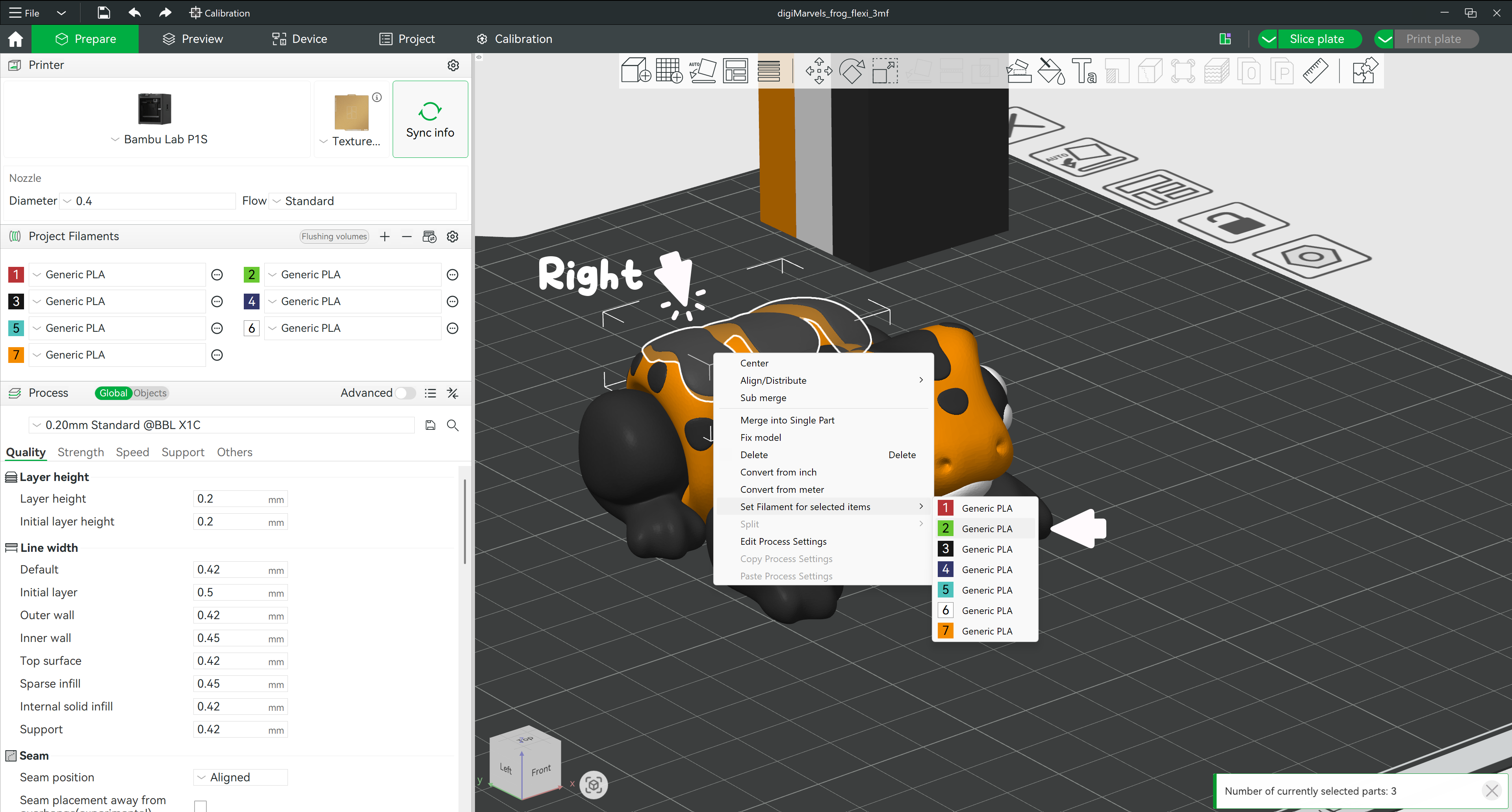Right-click context menu showing Set Filament option