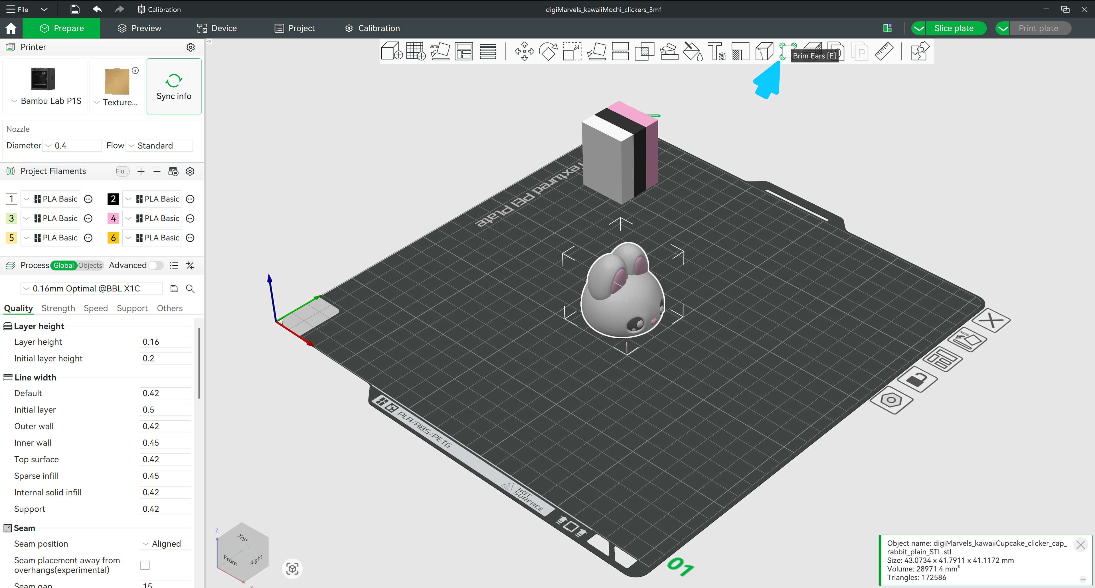 Selecting the Brim Ears tool from the top toolbar